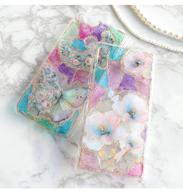 スマホケース ハードケース ハードカバー クリアケース 蝶 バタフライ 花 音符 ステンドグラス ラメ キラキラ
