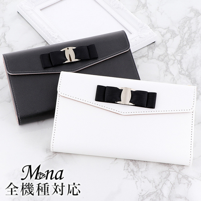 スマホケース 手帳型 カバー 手帳型ケース  全機種対応 三つ折り リボン パール