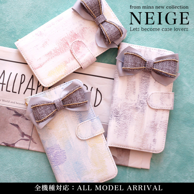 スマホケース 手帳型 カバー 手帳型ケース リボン ツイード調 秋 冬 リボン 雪 グレー 灰色 大人可愛い