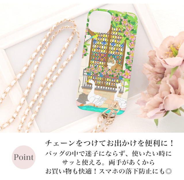 スマホケース ハードケース ハードカバー クリアケース ショルダーケース ショルダータイプ ストラップ付き 羽野瀬里 猫 花柄