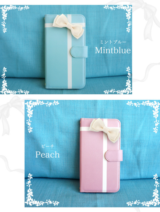 スマホケース 手帳型 カバー 手帳型ケース リボン ハンドメイド ブルー ピンク ピンコッタ