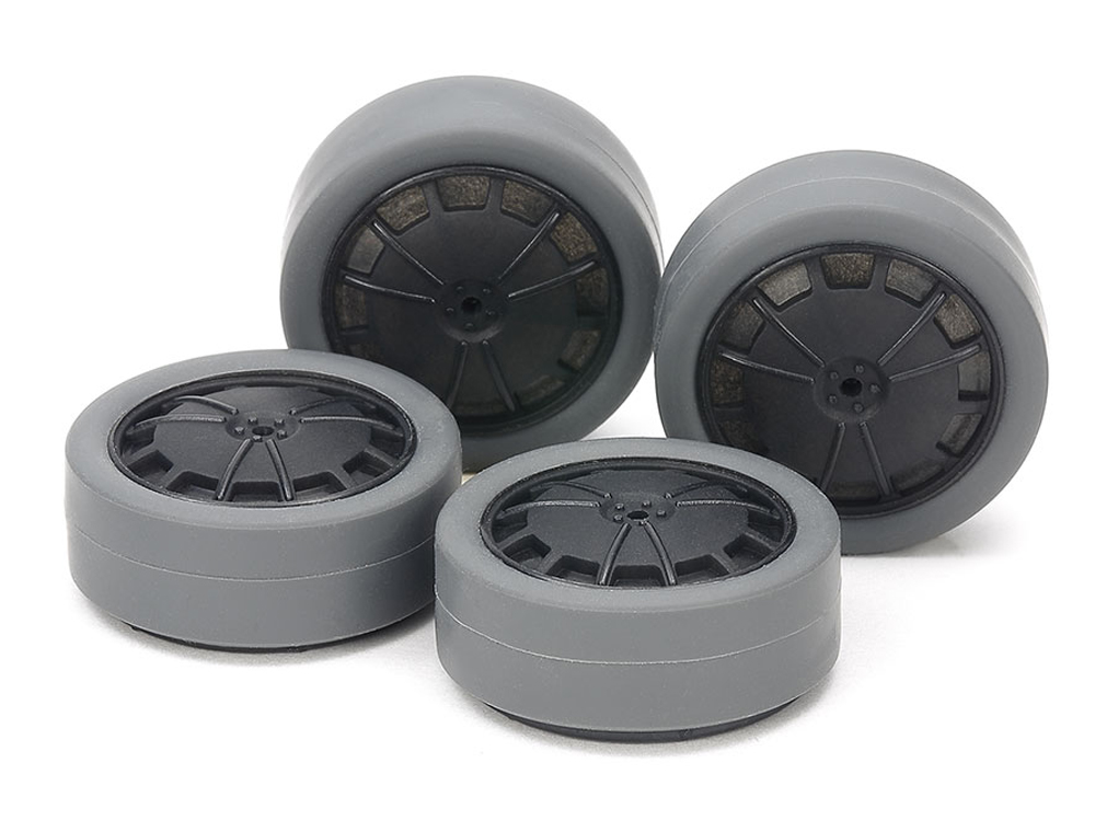 T15545　タミヤ　スーパーX･XX ハード小径ローハイトタイヤ (26mm･グレイ )&カーボン強化ホイール (ディッシュ)