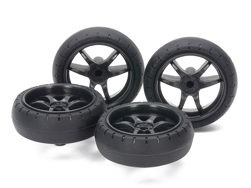 T15546　タミヤ　ローフリクション大径バレルタイヤ(31mm)＆カーボン強化ホイール(Vスポーク)