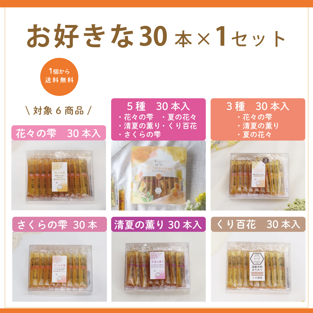 送料無料】スティックハチミツ 30本入 単品(全6種類) みつばちのーと
