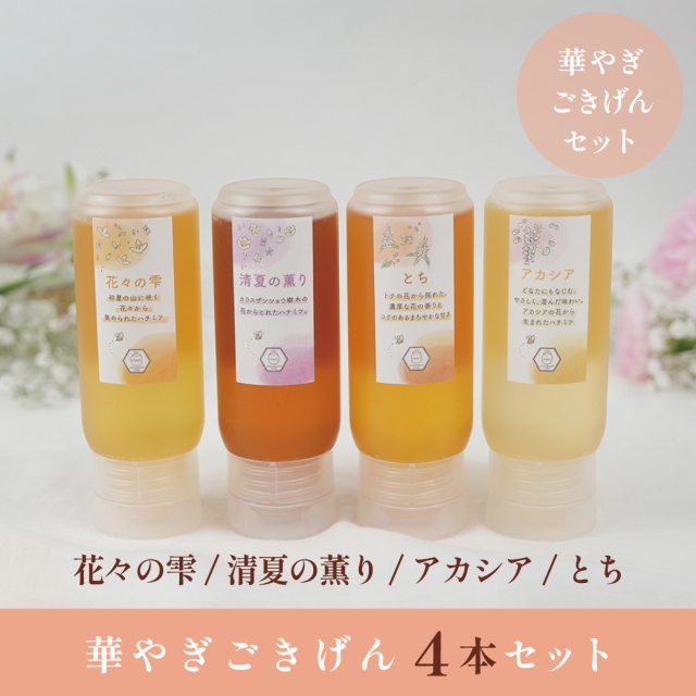 華やぎごきげんセット (チューブハチミツ4本セット：花々の雫・清夏の薫り・アカシア・とち) 各500g・300g・200g