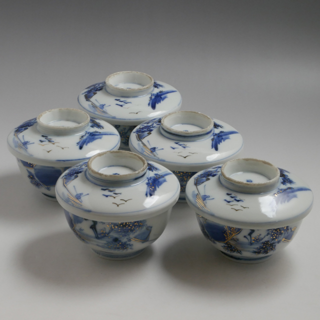 蓋径12.5cm　煮物碗／平碗／平椀　染付「山水文」　　5客セット