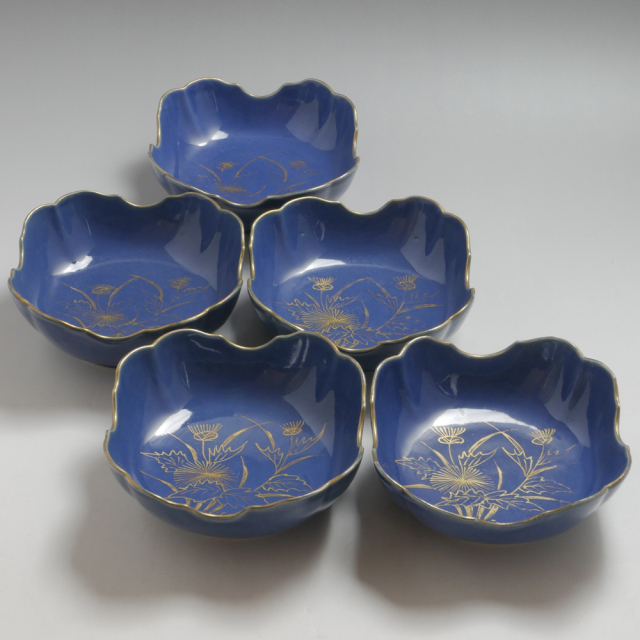 幅13.3cm 　向付／小鉢　　瑠璃釉　「あざみ文」　　江戸後期（1770〜1790）　　5客セット　NO.2