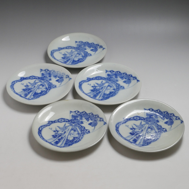 径17.0cm　中皿／取り皿　印判　「扇面菊文」　明治〜昭和初期頃　5客セット