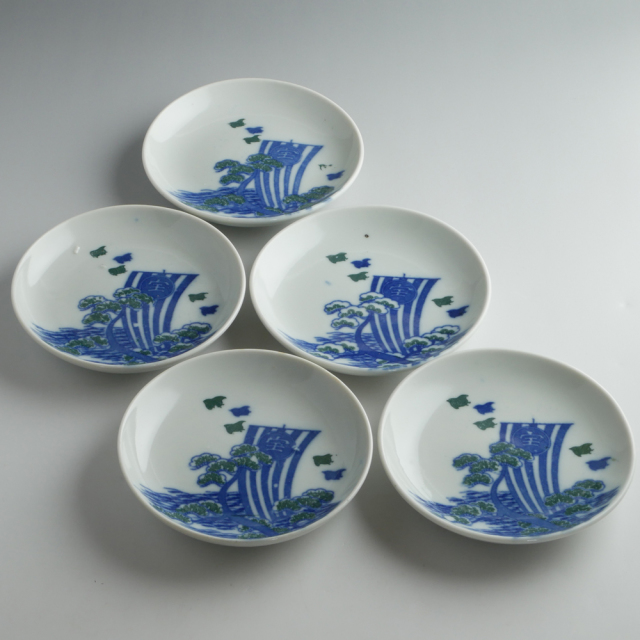 径13.2cm 小皿 印判 「波に千鳥・宝舟模様」 大正～昭和初期頃 5