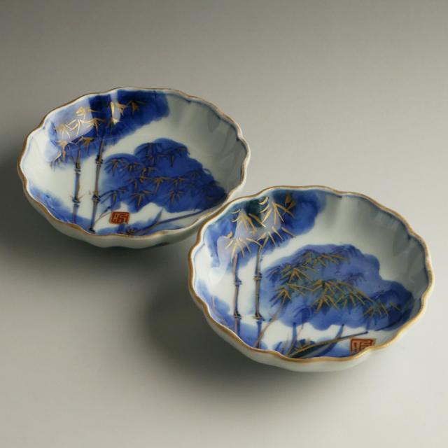 幕末明治期 染付竹林賢人図皿 五枚 肥前有田 直径17.2㎝