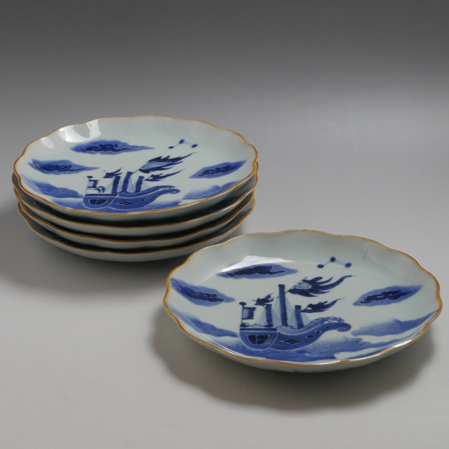 径23.0cm　皿　染付「異国船文」　肥前志田窯　江戸後期〜幕末期頃　5枚セット