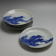 明治末～大正期　幻の窯元　源六窯　　　色絵扇松鶴文小皿　10枚　直径11.6㎝ 皿（13号）・月に鳥 ／ 松龍（☆ 初代古青） - 【九谷古青窯