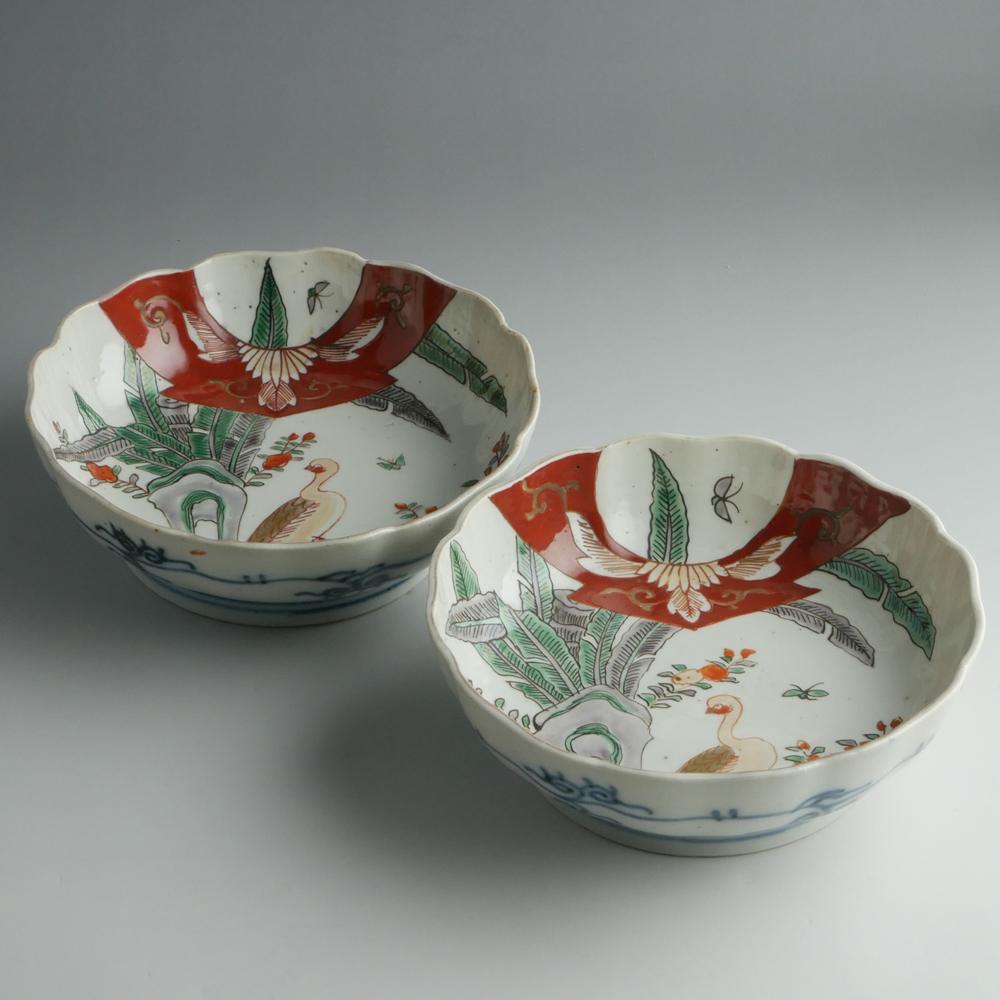 径14.9cm    ナマス皿　　色絵「芭蕉に鳥文」　　江戸後期頃　　2客セット