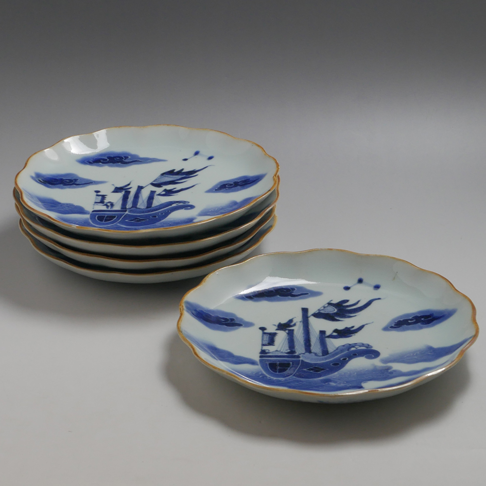 径23.0cm　皿　染付「異国船文」　肥前志田窯　江戸後期〜幕末期頃　5枚セット