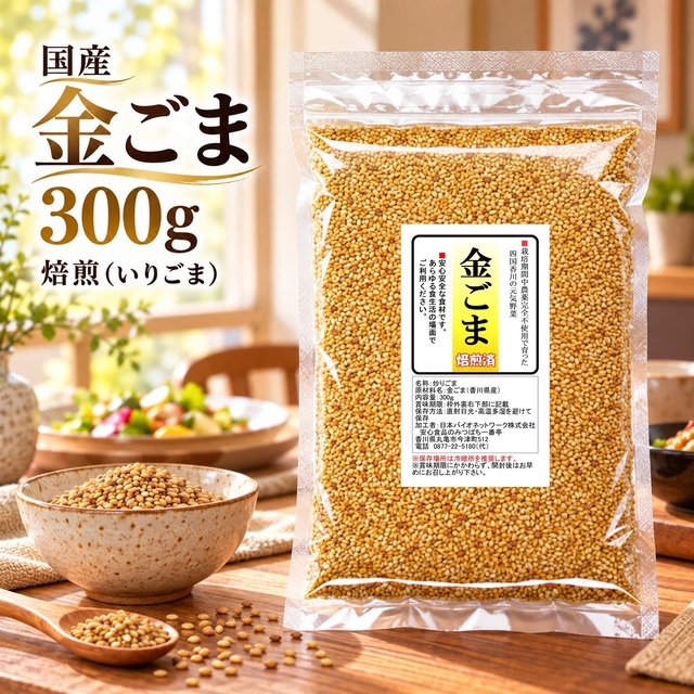 国産 金ごま 焙煎済（煎りごま） 300ｇ 香川県産 栽培期間中農薬完全不使用 便利なジッパー袋
