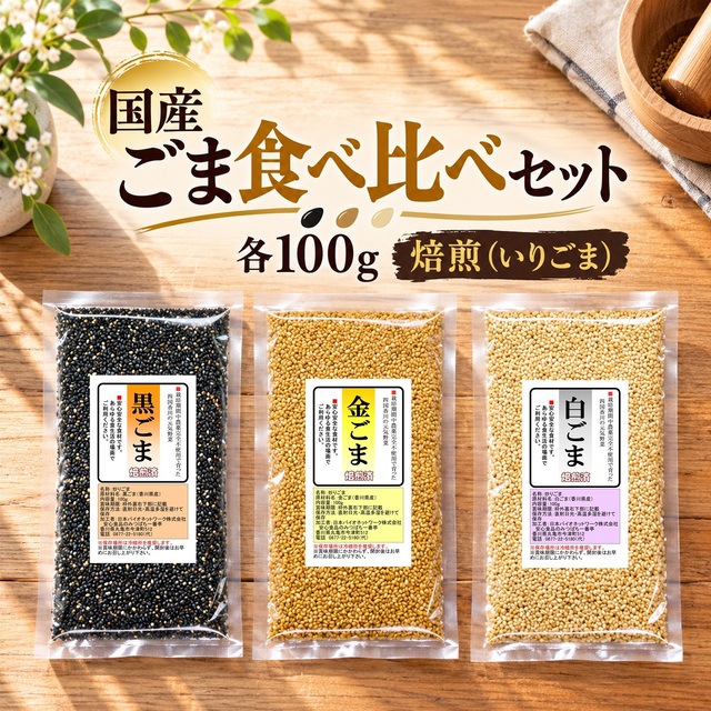 ごま3種セット 金ごま、黒ごま、白ごまの3種類が各100g 合計300g  全て焙煎済み（煎りごま） 香川県産 栽培期間中農薬完全不使用
