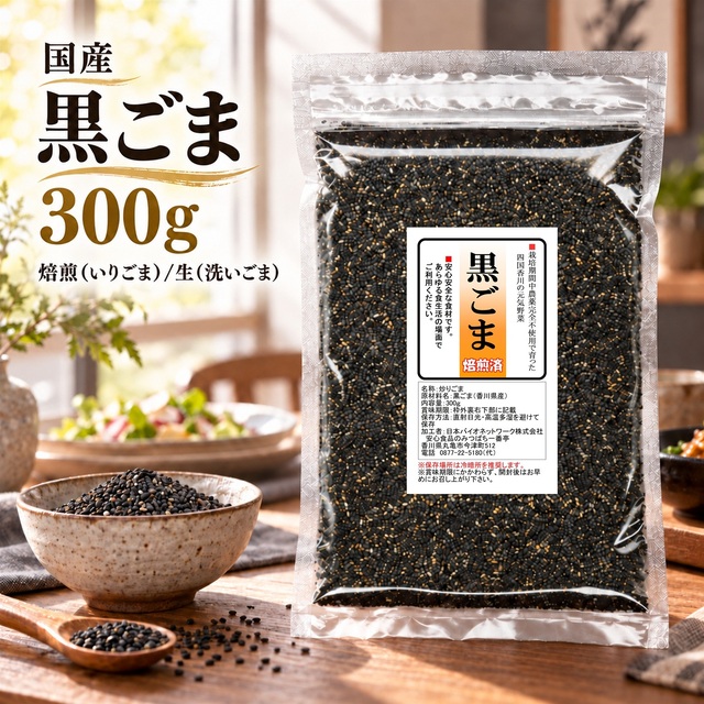 国産 黒ごま 300g 香川県産 栽培期間中農薬完全不使用 便利なジッパー袋 生(洗いごま)と焙煎済(煎りごま)から選べます