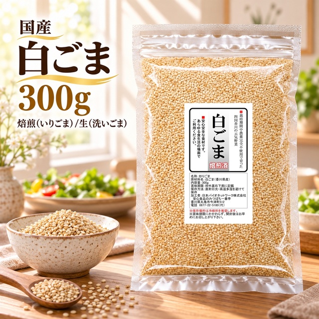 国産 白ごま 300ｇ 香川県産 栽培期間中農薬完全不使用 便利なジッパー袋 生（洗いごま）と焙煎済（煎りごま）から選べます