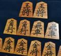 将棋駒　掬水作　菱湖書　虎杢極上　盛揚