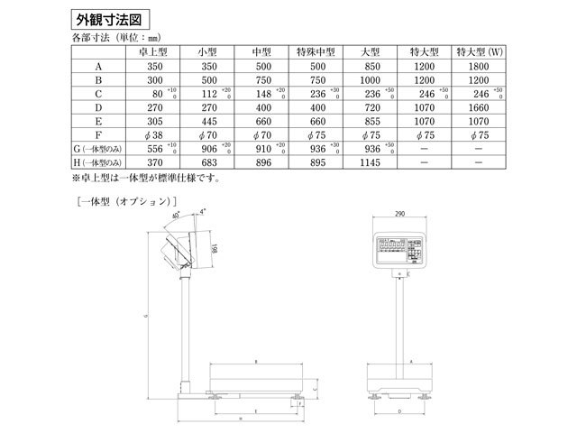 多機能防水型デジタル台はかり DP-5600シリーズ外観寸法図 一体型（オプション）