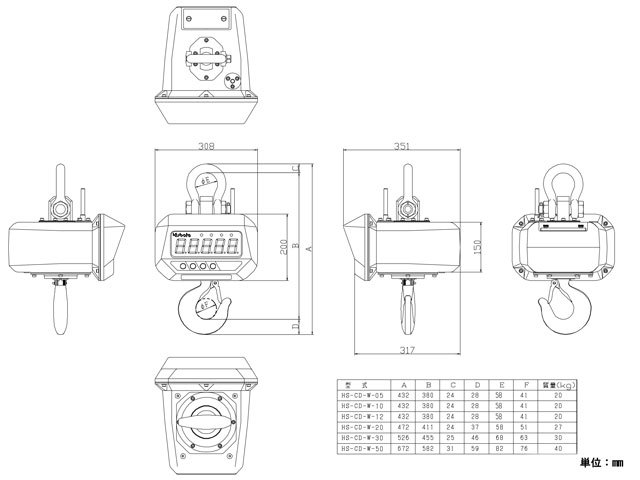無線式デジタルホイストスケールHS-CD-W本体部外観寸法図