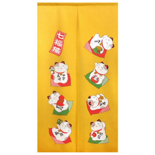 市松柄レース縁起物のれん 42228 開運七福ねこ YE