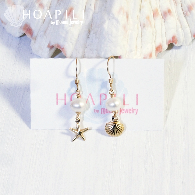 hp_p129　小さい14KGFピアス　 White Fresh Water Pearl&Sea Shell&Sea Star