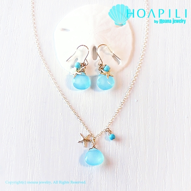 hp_p69 ヒトデと上質な天然石の14KGFピアス Sea Glass&Sea Star