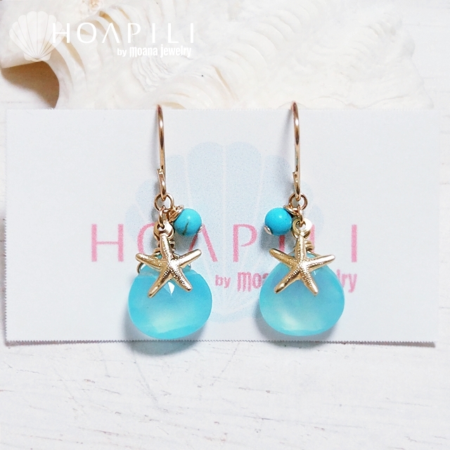 hp_p69 ヒトデと上質な天然石の14KGFピアス Sea Glass&Sea Star