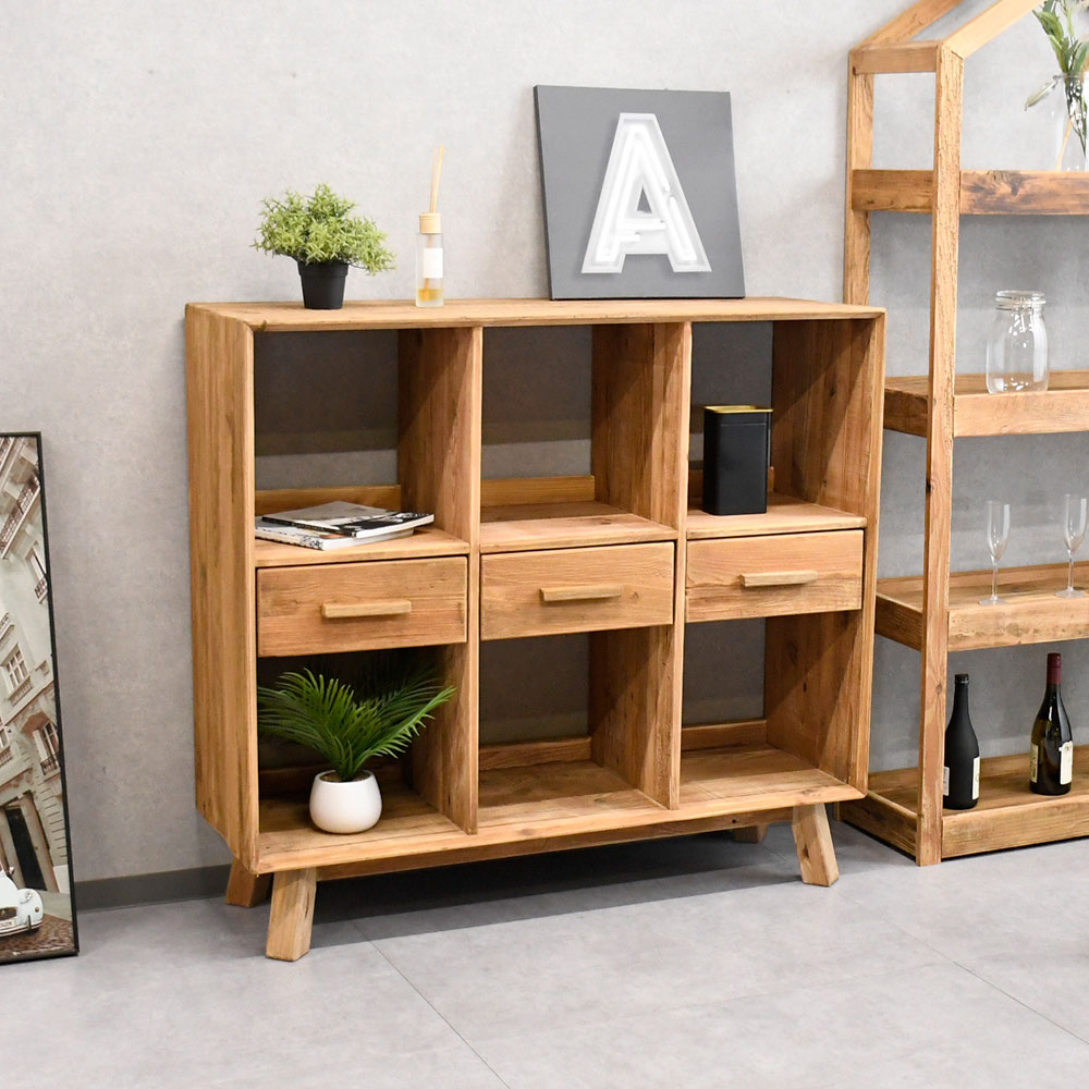 北欧ナチュラルスタイル古木リサイクルパイン120cm幅収納シェルフ