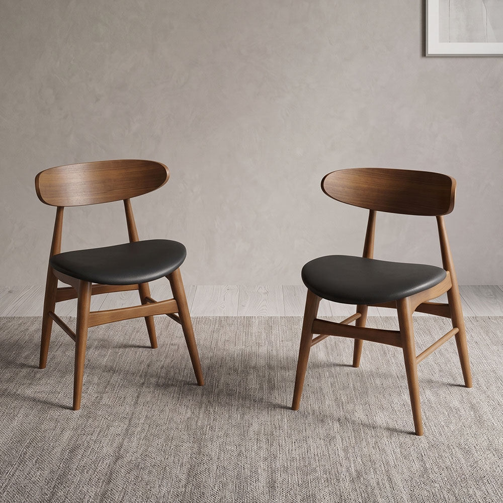 2脚セット ウォールナット突き板 合成皮革座面 ダイニングチェア