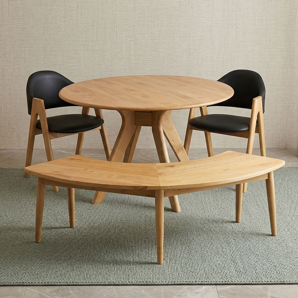 アルダー無垢材 ラウンドダイニングテーブル 110cm ダイニング4点セット 半円ベンチ 140cm
