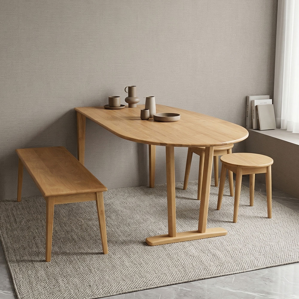 アルダー無垢 半円形115cm幅ダイニングテーブル ベンチ スツール チェア セット 4点