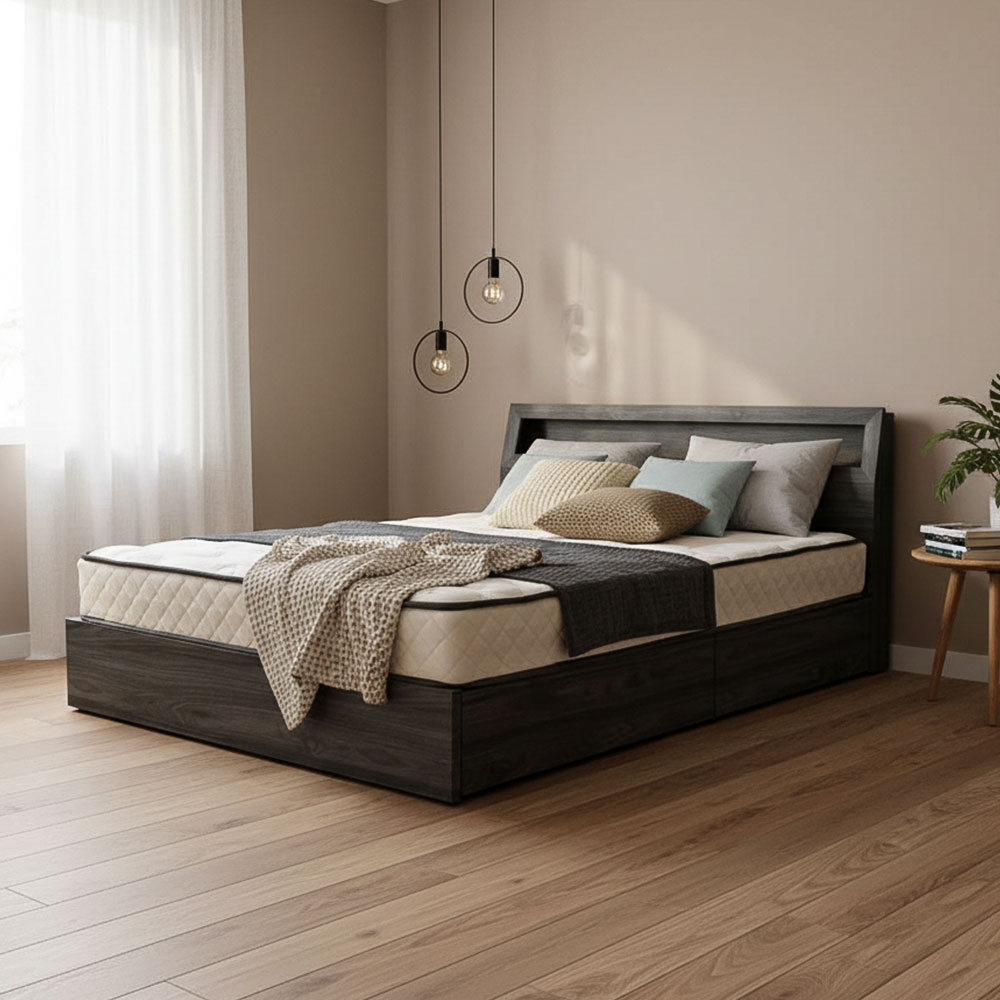 【3サイズ】 3D木目のリアルなシートで北欧スタイルを演出！ シングル セミダブル ダブル ベッド 引き出し 収納 マットレスなし フレーム