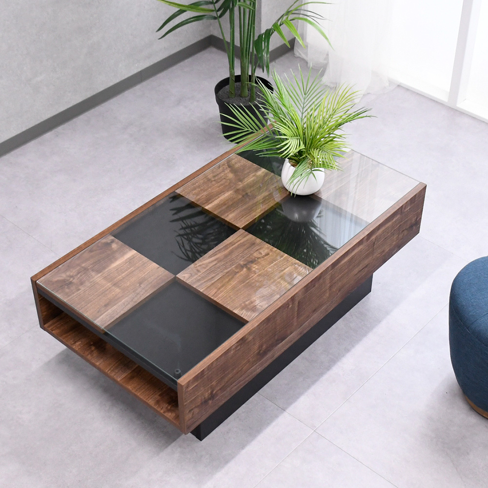 【アウトレット】デザイン性に優れたおしゃれなテーブル センターテーブル リビングテーブル 105cm 日本製 完成品 収納付き ガラス FE15F