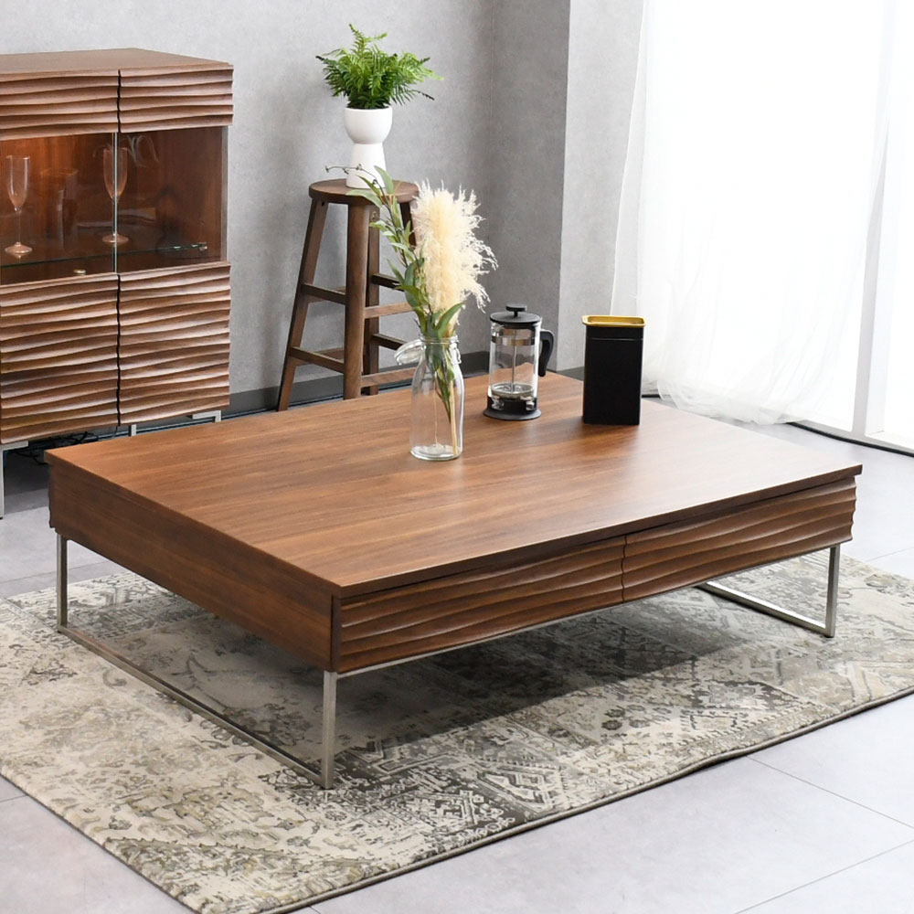 120×90の大きいサイズのウォールナット無垢材収納付きテーブル