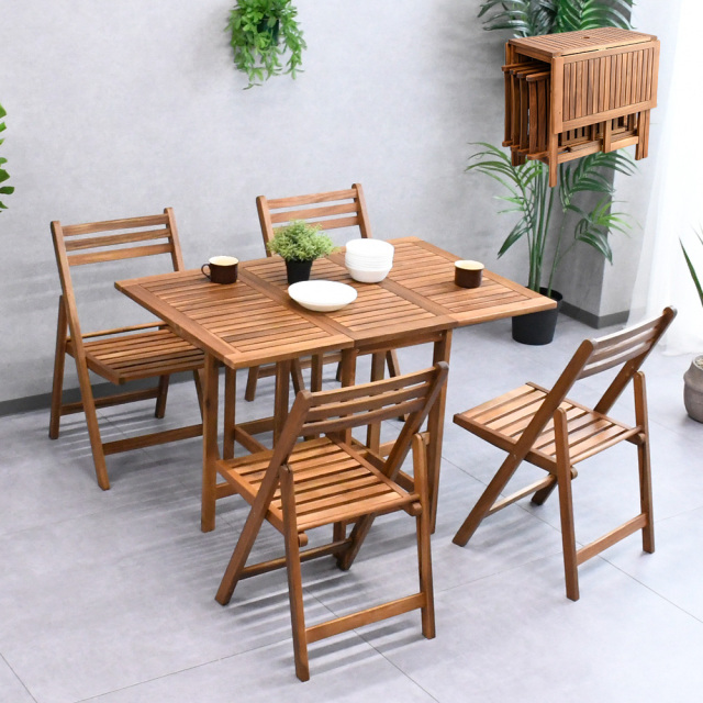 ガーデンテーブル セット 5点セット 肘なし折り畳みチェア 木製テーブル 115cm フォールディング ガーデン テーブル チェア セット オイルステイン ガーデンパラソル テーブルとチェアのセット オイルステイン 屋外 新生活 ガーデンソファ