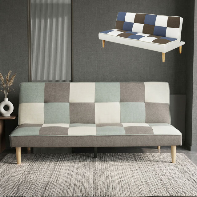 パッチワークスタイル ソファベッド ライトグリーン ネイビー