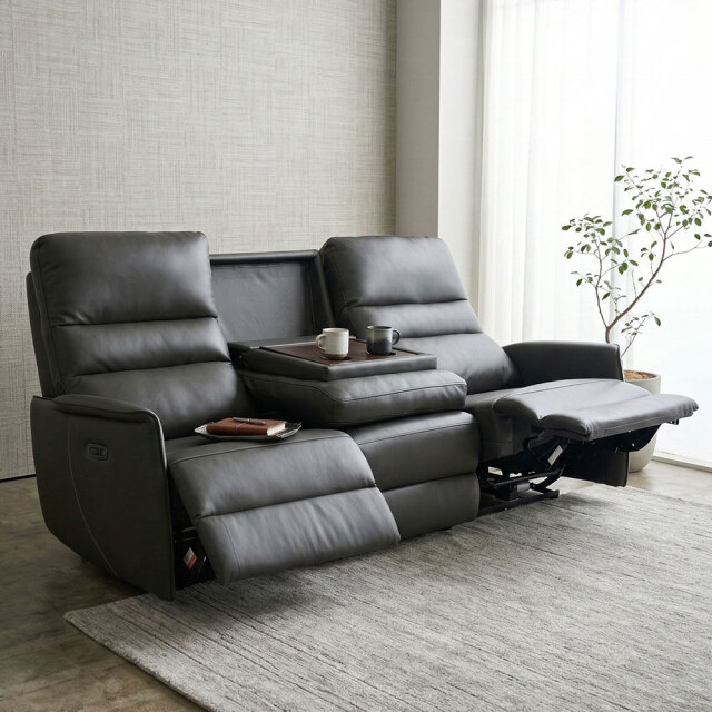 ブラックレザー 3人掛け電動リクライニングソファ