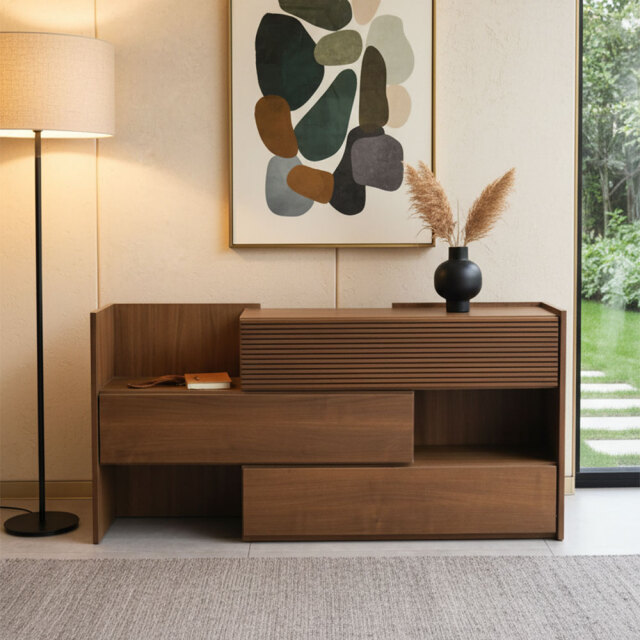 100~143cm伸長式ウォールナット材シェルフ 収納 完成品 シギヤマ