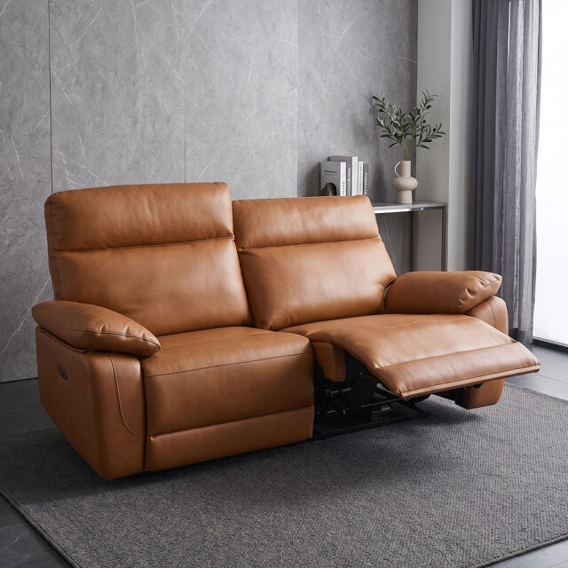 本革 電動リクライニングソファ 2人掛け キャメル