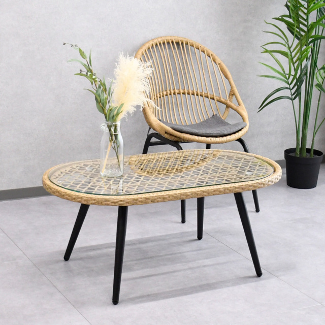 【1本限定】センターテーブル リビングテーブル 軽量 幅105cm 楕円型 ガラス ソファテーブル ガーデンテーブル コンパクト リゾート風 机 庭 テラス おしゃれ ラタン アジアンテイスト アウトレット 家具 激安 通販 F0422B