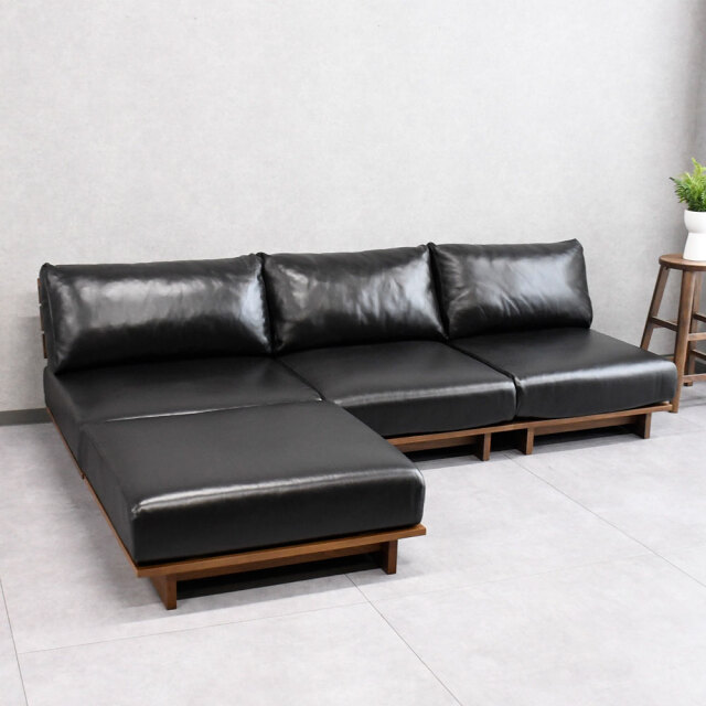 【アウトレット】開梱設置付き オイルブラックレザーモジュールソファ ウォールナットフレーム 本革 LIVELUS シギヤマ家具工業