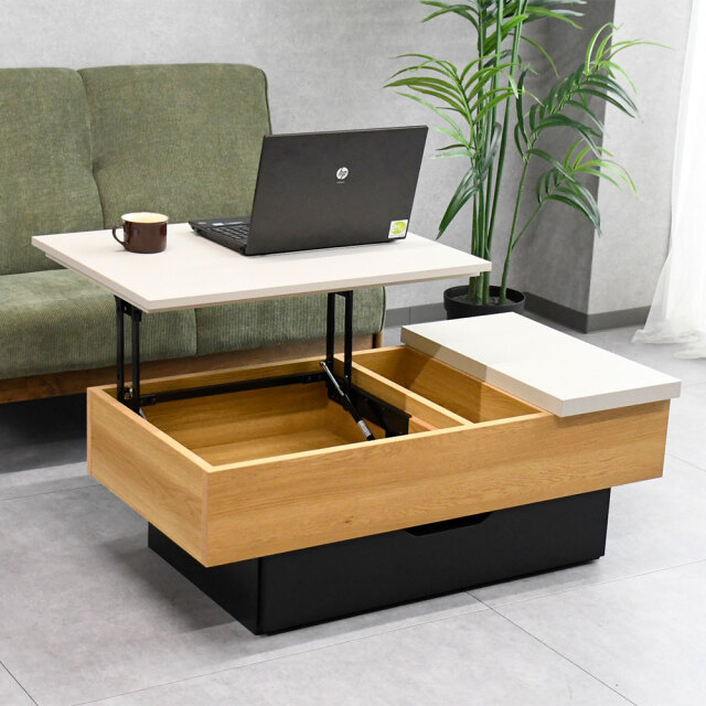 【アウトレット】国産完成品105cm幅昇降式ローテーブル