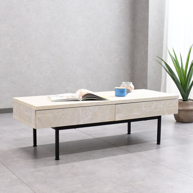 新品アウトレット】 大理石デザイン120cm幅収納付きローテーブル 日本