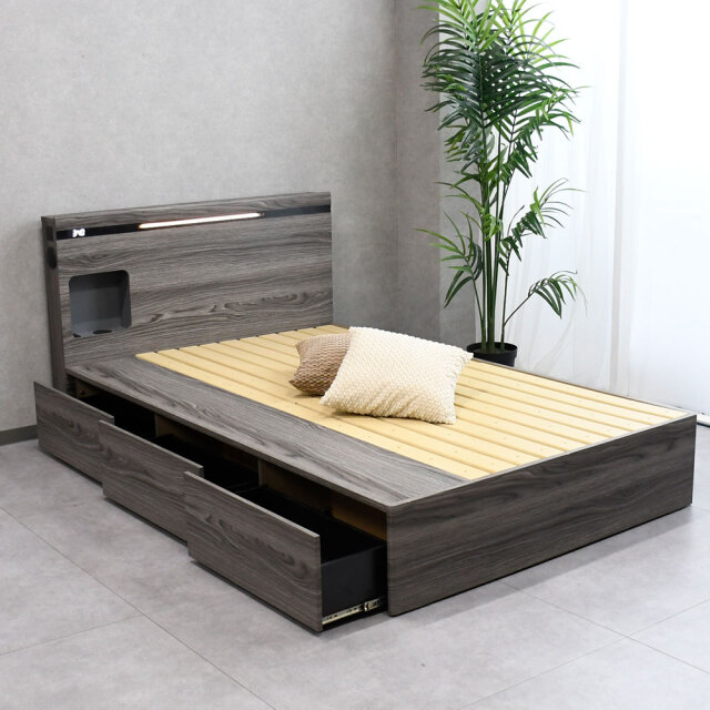 【新品アウトレット】  セミダブル収納LED照明付ベッド FI11A 