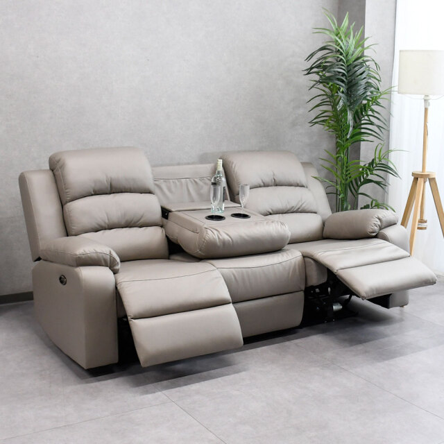 【新品アウトレット】レザーファブリック電動リクライニング3人掛けソファ ドリンクホルダーテーブル付き FI11C