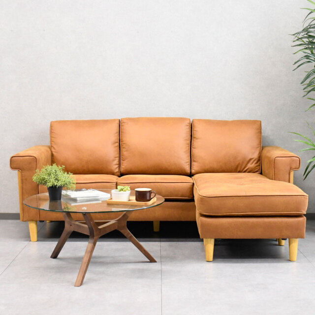 ブラウン ファブリックレザーL字ソファ格安！ ソファー レザー