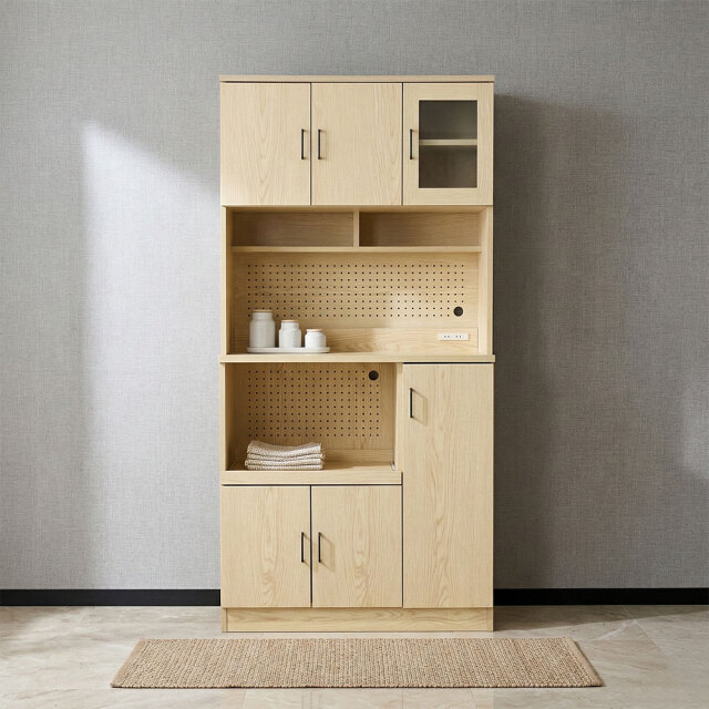 組み立て式 多機能収納キッチン収納 ボード ナチュラルオーク 幅90cm