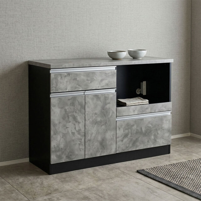 国産完成品モルタルデザインキッチン収納 キッチンカウンター キャビネット 幅120cm